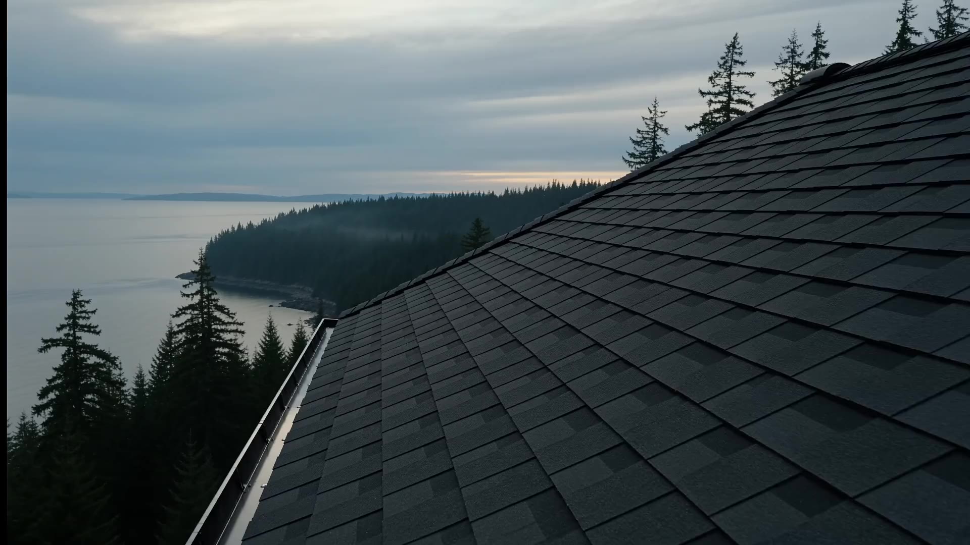 Illustrative coastal roof overlooking Vancouver Island evergreens and the sea