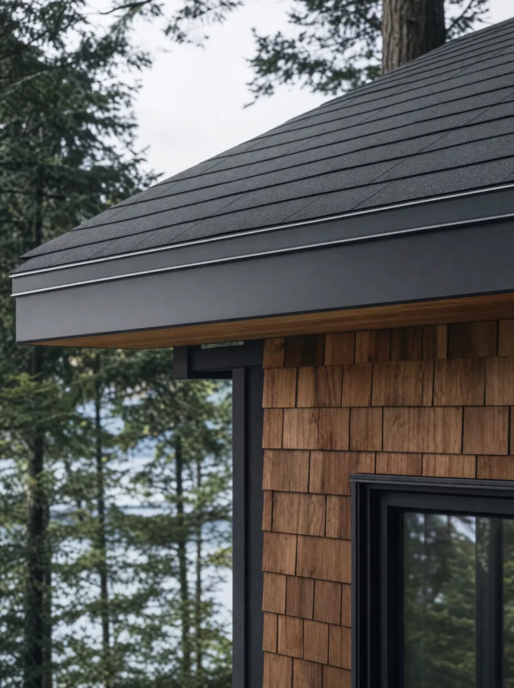 Illustrative charcoal roof eave and cedar siding among coastal evergreens